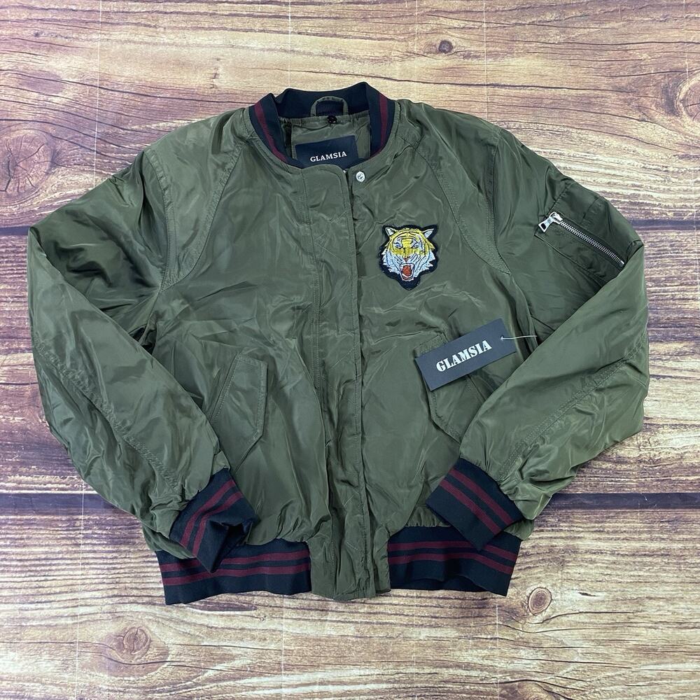 Glamsia Green Bomber Flight Jacket Womens Size Large Zip Up Tiger Patch